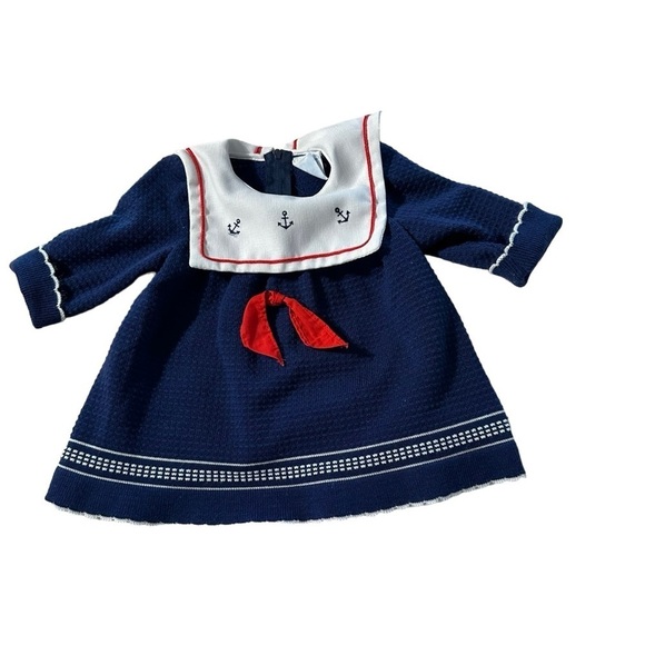 nann-knits Other - Mann-Knits baby girl size 12mo sailor long sleeve knit dress with embroi…